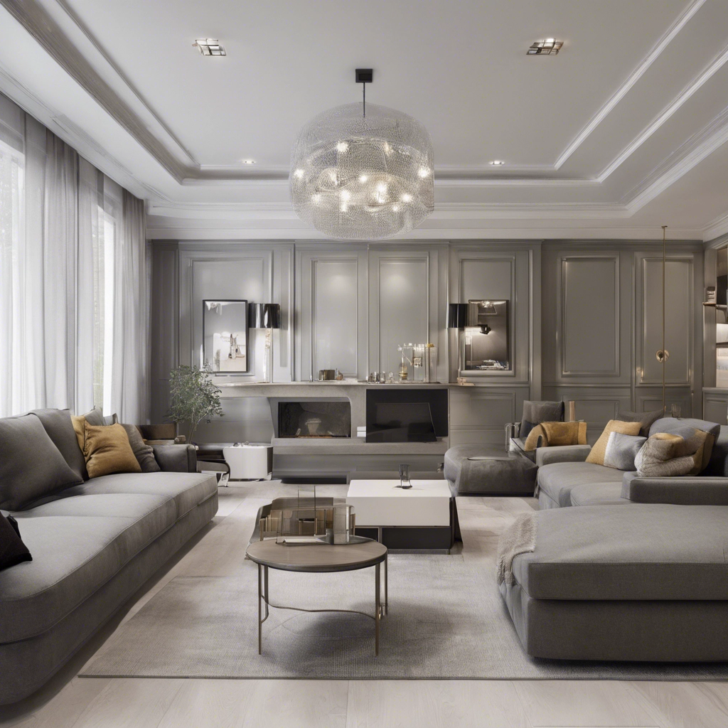 a living room with grey couches and a chandelier